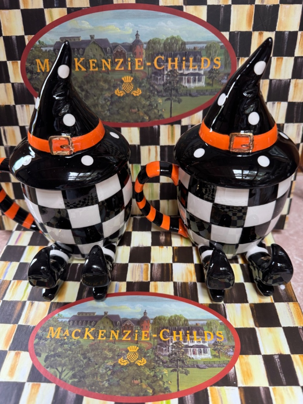 Pair of MacKenzie-Childs Witches Brew Lidded Mug, NEW In Box Halloween Decor